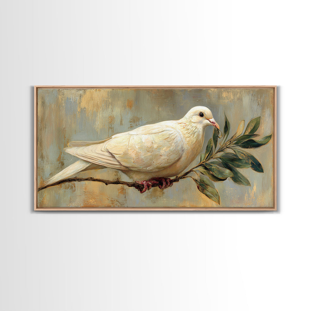 White Dove with Olive Branch and Calm Framed Canvas Print, Bird Art, Botanical Wall Art, Living Room Decor, Watercolor Art, BIR-2x1-84