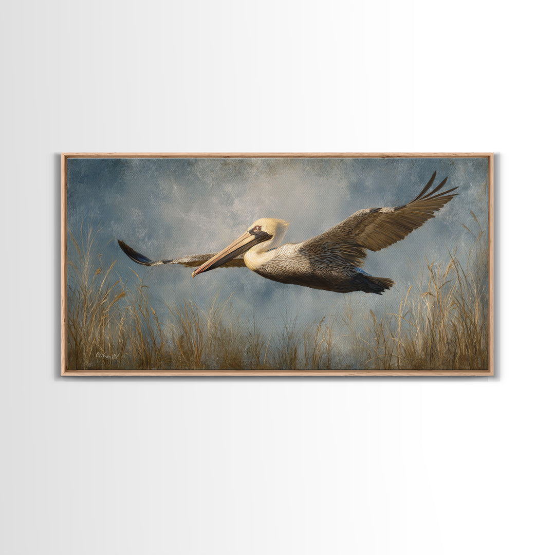 Pelican Flying over Coastal Waves Framed Canvas Print, Bird Art, Home Decor, Living Room Decor, Flight, Modern Wall Art, BIR-2x1-86