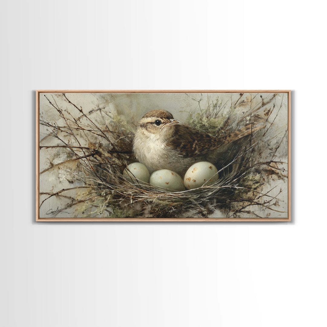 Bird Nest with Eggs and Delicate Twigs Framed Canvas Print, Bird Art, Wall Decor, Living Room Decor, Oil Painting, Flight, BIR-2x1-90