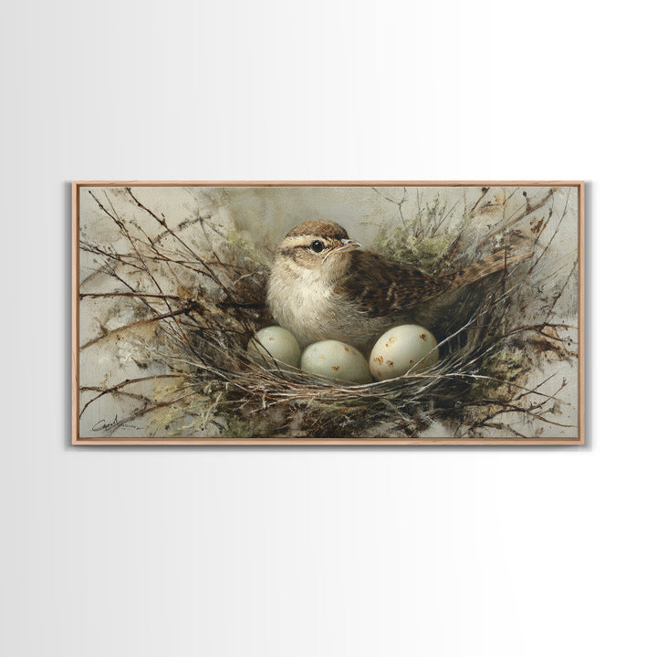 Bird Nest with Eggs and Delicate Twigs Framed Canvas Print, Bird Art, Wall Decor, Living Room Decor, Oil Painting, Flight, BIR-2x1-90
