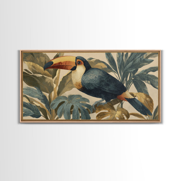 Toucan Framed by Bold Jungle Foliage Framed Canvas Print, Bird Art, Original Art, Living Room Decor, Fine Art, Flight, BIR-2x1-91