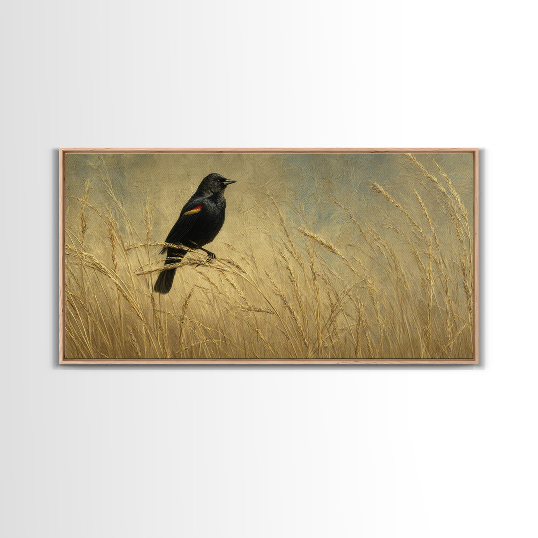 Blackbird on Gold Wheat Field Framed Canvas Print, Bird Art, Modern Wall Art, Living Room Decor, Oil Painting, Flight, BIR-2x1-92