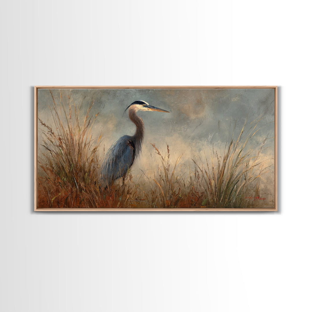 Blue Heron in Misty Marsh Grass Canvas Print, Bird Art, Digital Prints, Living Room Decor, Fine Art, Flight, Modern Art, BIR-2x1-94