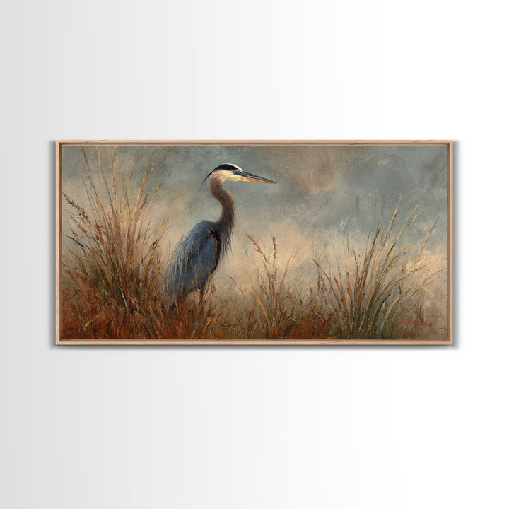 Blue Heron in Misty Marsh Grass Canvas Print, Bird Art, Digital Prints, Living Room Decor, Fine Art, Flight, Modern Art, BIR-2x1-94