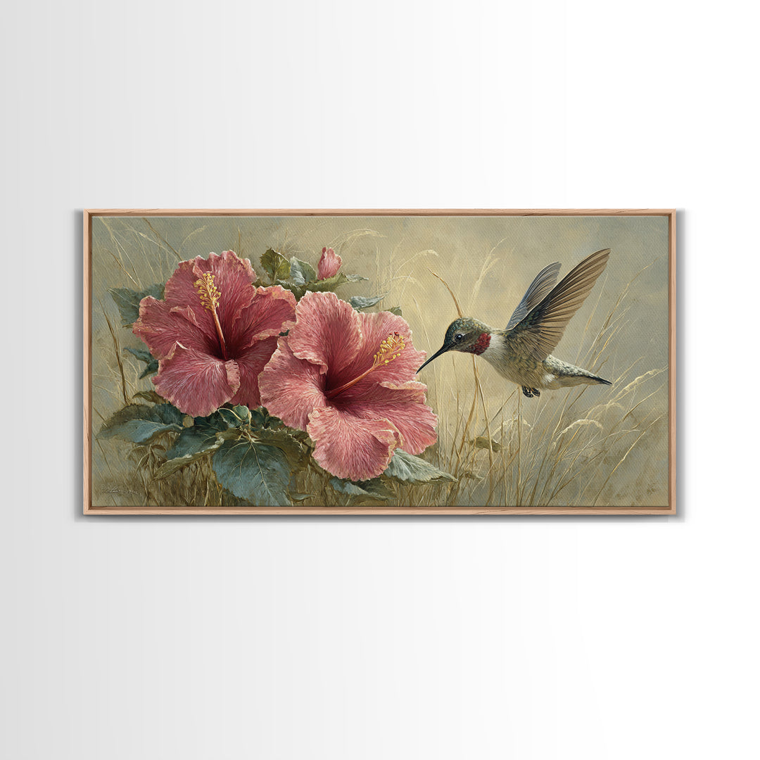 Hummingbird Hovering Beside Bright Hibiscus Framed Canvas Print, Bird Art, Bird Prints, Living Room Decor, Oil Painting, Flight, BIR-2x1-96
