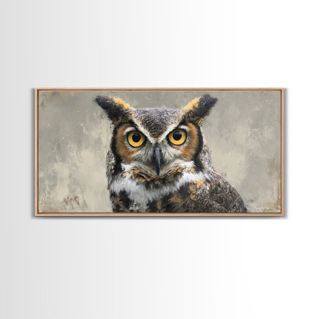 Owl Portrait with Wise Golden Eyes Framed Canvas Print, Bird Art, Japanese Wall Art, Living Room Decor, Oil Painting, Flight, BIR-2x1-97