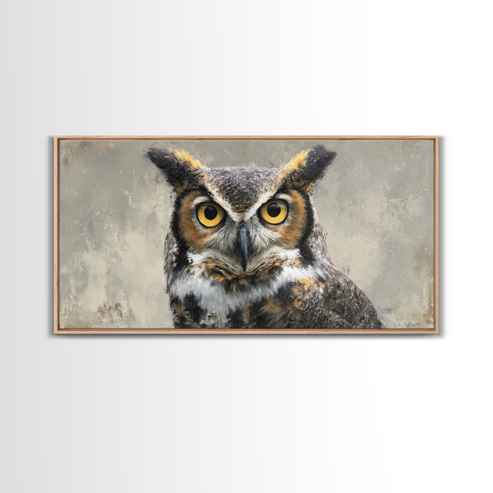 Owl Portrait with Wise Golden Eyes Framed Canvas Print, Bird Art, Japanese Wall Art, Living Room Decor, Oil Painting, Flight, BIR-2x1-97