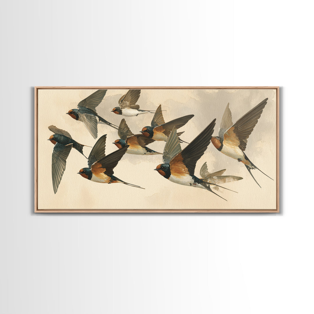 Flock of Swallows Sweeping Across Open Sky Canvas Print, Bird Art, Living Room Decor, Watercolor Art, Flight, BIR-2x1-98