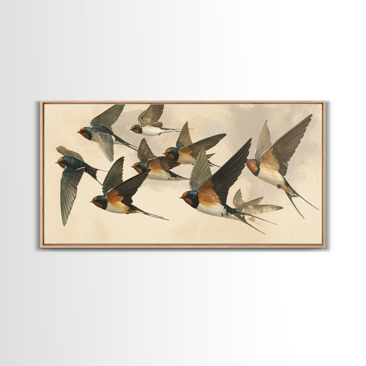 Flock of Swallows Sweeping Across Open Sky Canvas Print, Bird Art, Living Room Decor, Watercolor Art, Flight, BIR-2x1-98