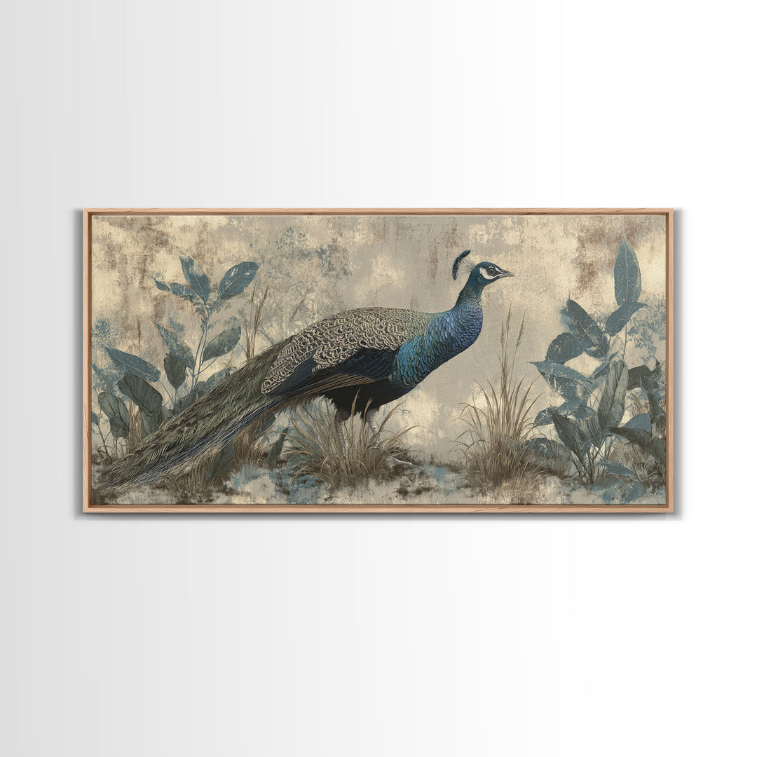 Peacock with Jewel Tone Feather Pattern Framed Canvas Print, Bird Art, Boho Wall Decor, Living Room Decor, Fine Art, Flight, BIR-2x1-99