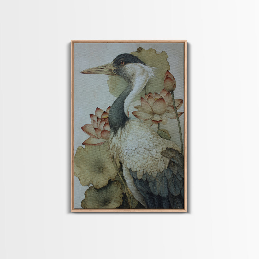 Crane and Lotus Composition Framed Canvas Print, Bird Art, Wall Art, Living Room Decor, Fine Art, Flight, Japanese Wall Art, BIR-2x3-1