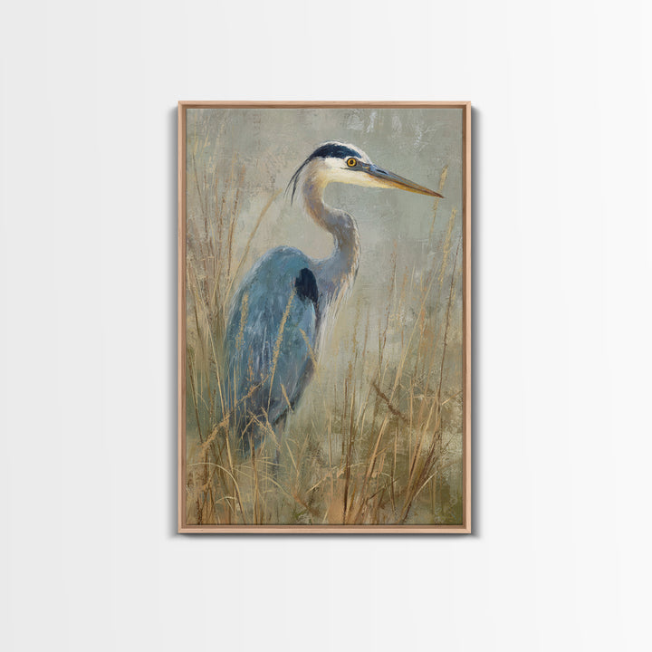 Blue Heron in Misty Marsh Grass Canvas Print, Bird Art, Luxury Decor, Living Room Decor, Flight, Art Deco, Original Art, BIR-2x3-10