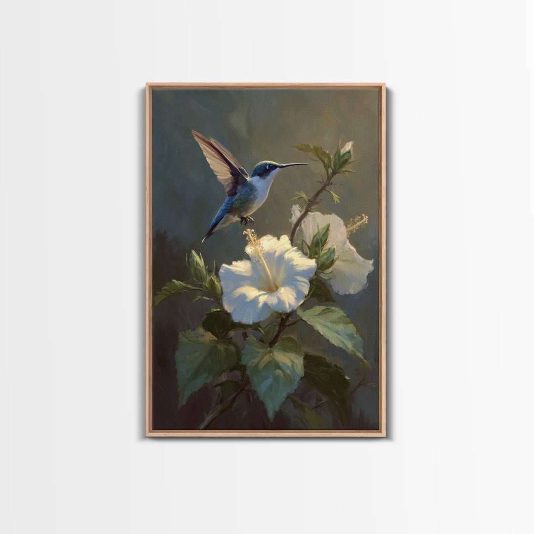 Hummingbird Hovering Beside Bright Hibiscus Framed Canvas Print, Bird Art, Minimalist Decor, Living Room Decor, Oil Painting, BIR-2x3-12