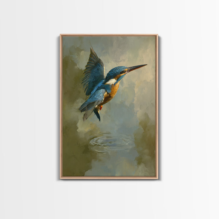 Kingfisher Diving Toward Blue Water Framed Canvas Print, Bird Art, Neutral Decor, Living Room Decor, Fine Art, Flight, BIR-2x3-19
