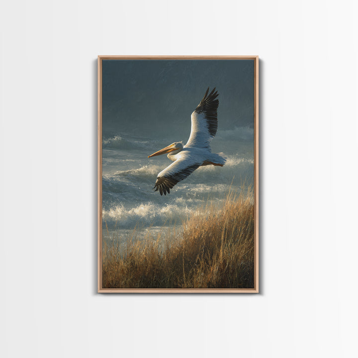 Pelican Flying over Coastal Waves Framed Canvas Print, Bird Art, Boho Decor, Living Room Decor, Abstract Art, Flight, BIR-2x3-2
