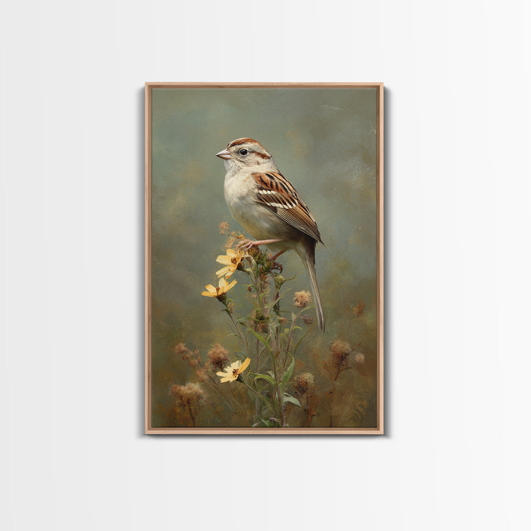 Small Sparrow on Wildflower Stem Framed Canvas Print, Bird Art, Textured Painting, Living Room Decor, Fine Art, Flight, BIR-2x3-22