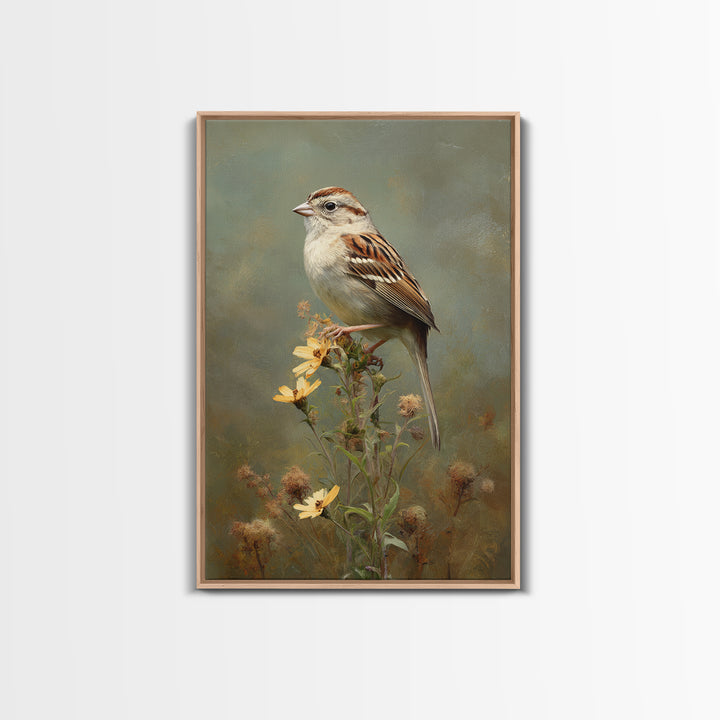 Small Sparrow on Wildflower Stem Framed Canvas Print, Bird Art, Textured Painting, Living Room Decor, Fine Art, Flight, BIR-2x3-22