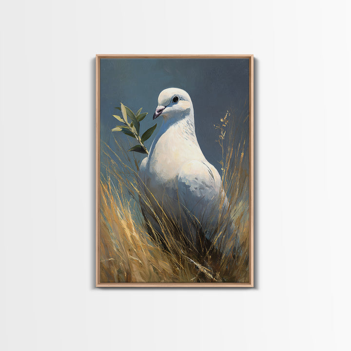 White Dove with Olive Branch and Calm Framed Canvas Print, Bird Art, Living Room Art, Living Room Decor, Watercolor Art, Flight, BIR-2x3-24