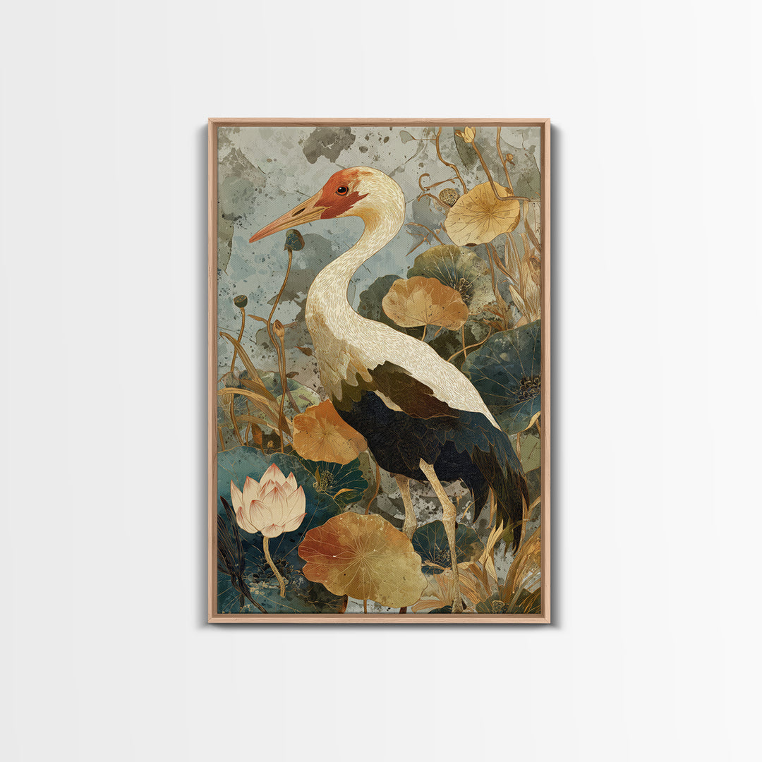Crane and Lotus Composition Framed Canvas Print, Bird Art, Wall Art, Living Room Decor, Fine Art, Flight, Japanese Wall Art, BIR-2x3-25