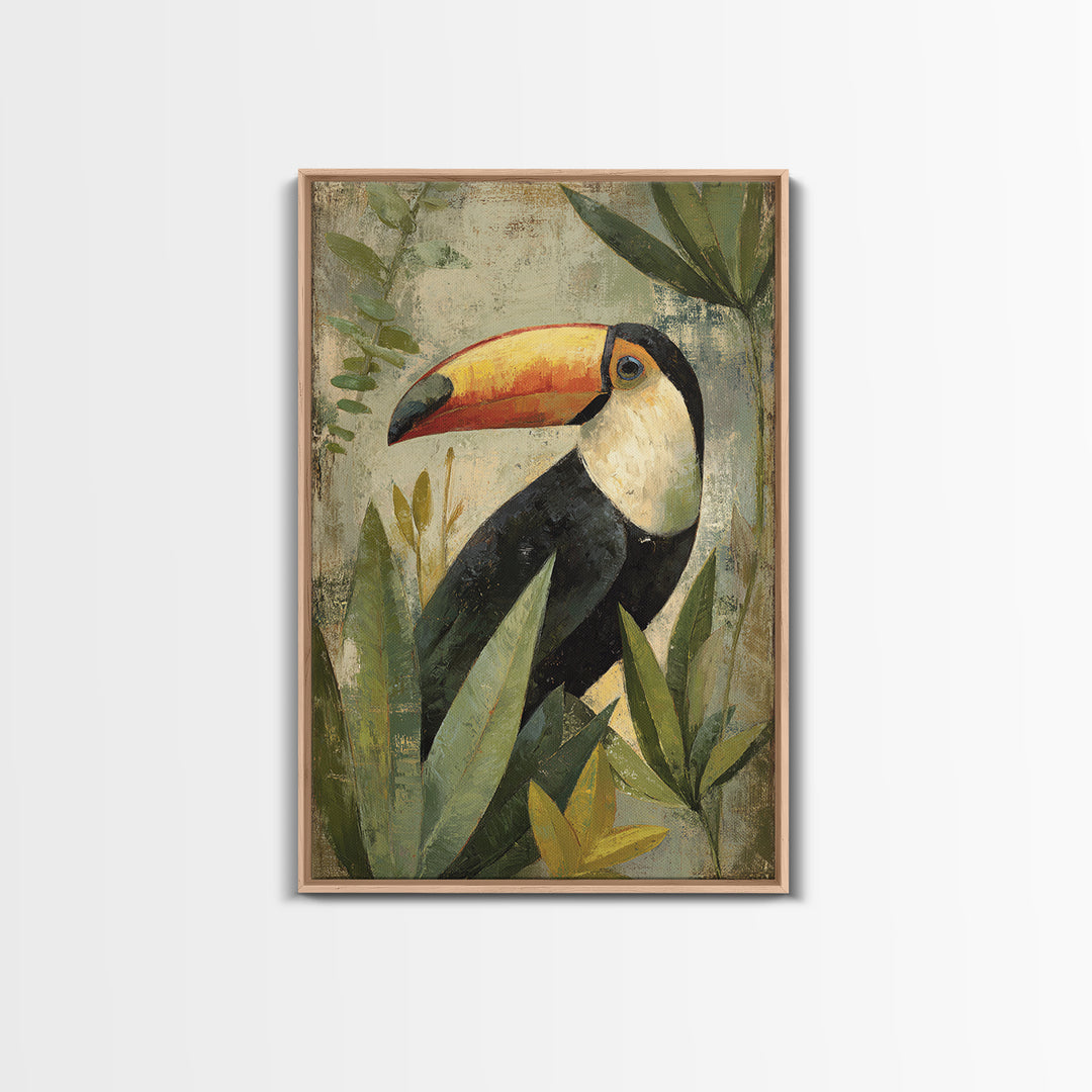 Toucan Framed by Bold Jungle Foliage Canvas Print, Bird Art, Statement Artwork, Living Room Decor, Flight, Digital Prints, BIR-2x3-31