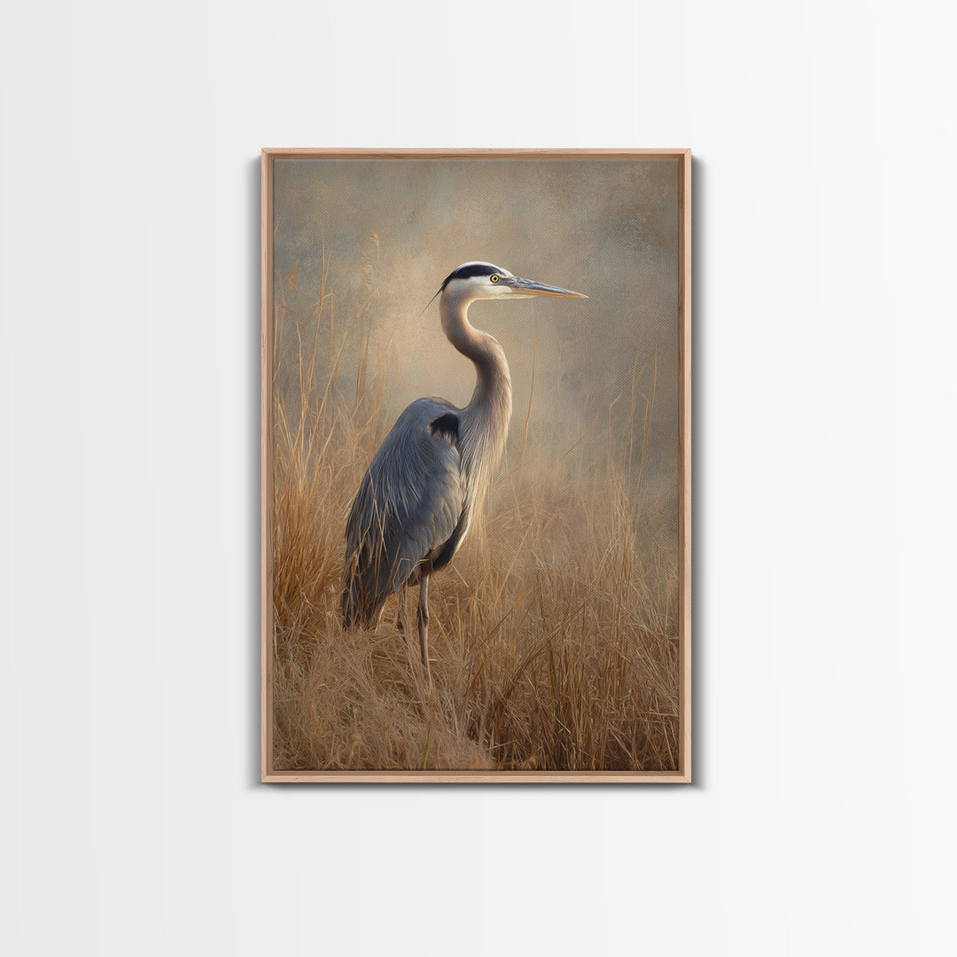 Blue Heron in Misty Marsh Grass Framed Canvas Print, Bird Art, Contemporary Art, Living Room Decor, Fine Art, Flight, BIR-2x3-34