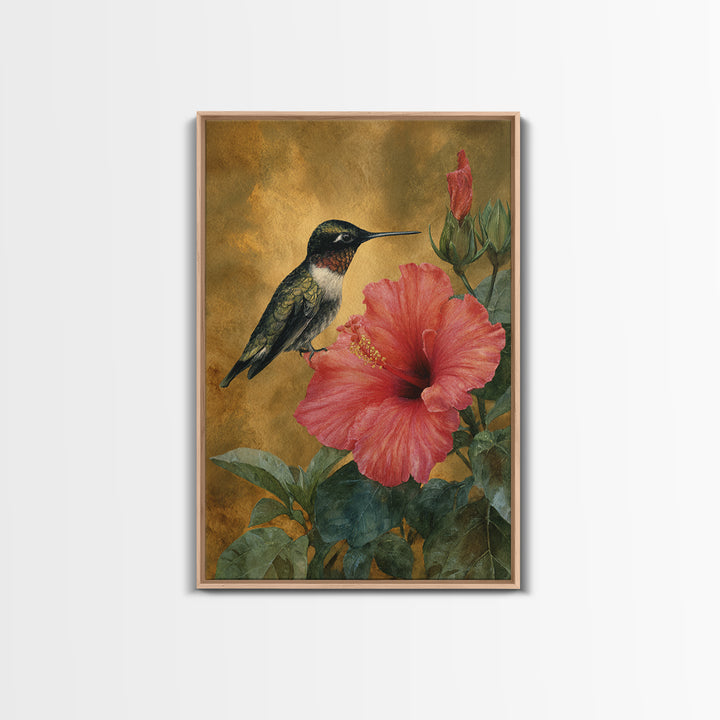Hummingbird Hovering Beside Bright Hibiscus Canvas Print, Bird Art, Mid Century Wall Art, Living Room Decor, Flight, BIR-2x3-36