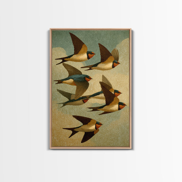 Flock of Swallows Sweeping Across Open Sky Framed Canvas Print, Bird Art, Wall Art, Living Room Decor, Fine Art, Flight, BIR-2x3-38