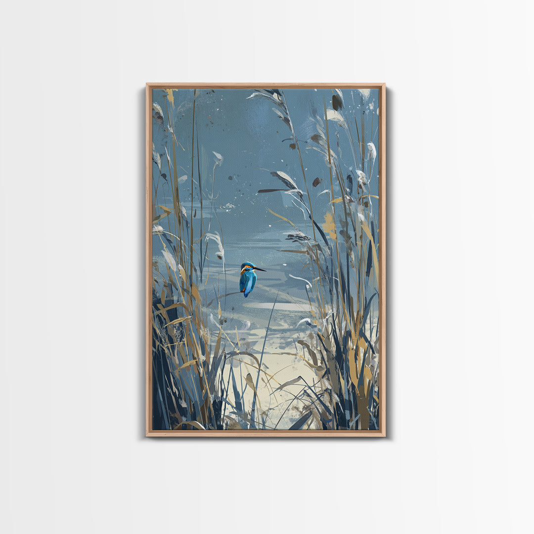 Kingfisher Diving Toward Blue Water Framed Canvas Print, Bird Art, Contemporary Art, Living Room Decor, Fine Art, Flight, BIR-2x3-43