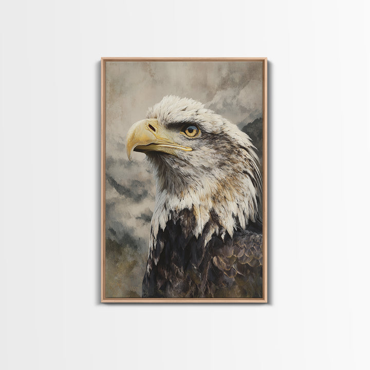 Eagle Portrait with Dramatic Mountain Wind Framed Canvas Print, Bird Art, Floral Art, Living Room Decor, Fine Art, Flight, BIR-2x3-44