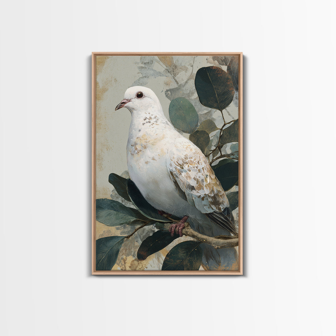 White Dove with Olive Branch and Calm Framed Canvas Print, Bird Art, Boho Decor, Living Room Decor, Fine Art, Flight, BIR-2x3-48
