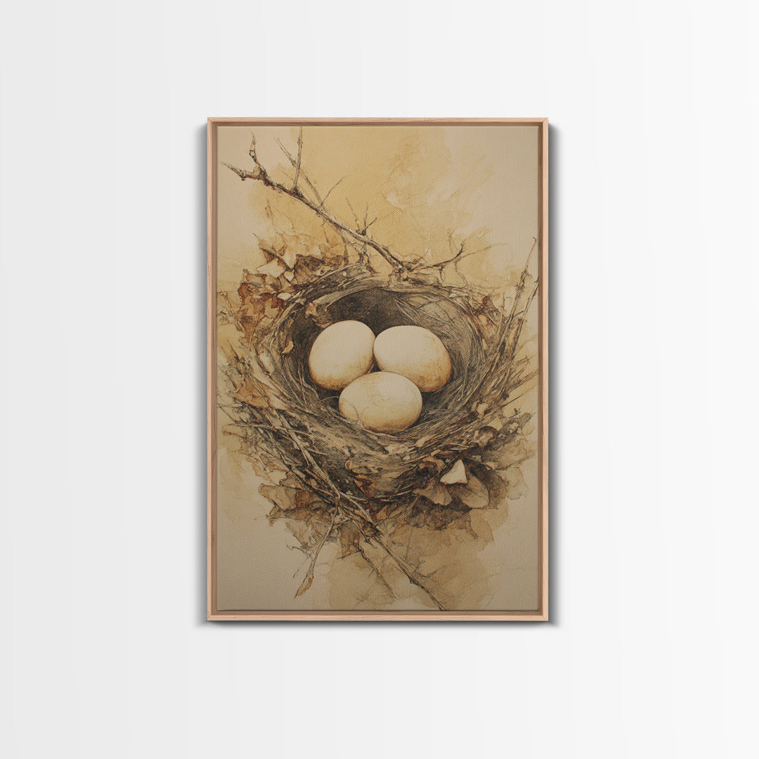 Bird Nest with Eggs and Delicate Twigs Canvas Print, Bird Art, Minimalist Decor, Living Room Decor, Fine Art, Flight, BIR-2x3-54