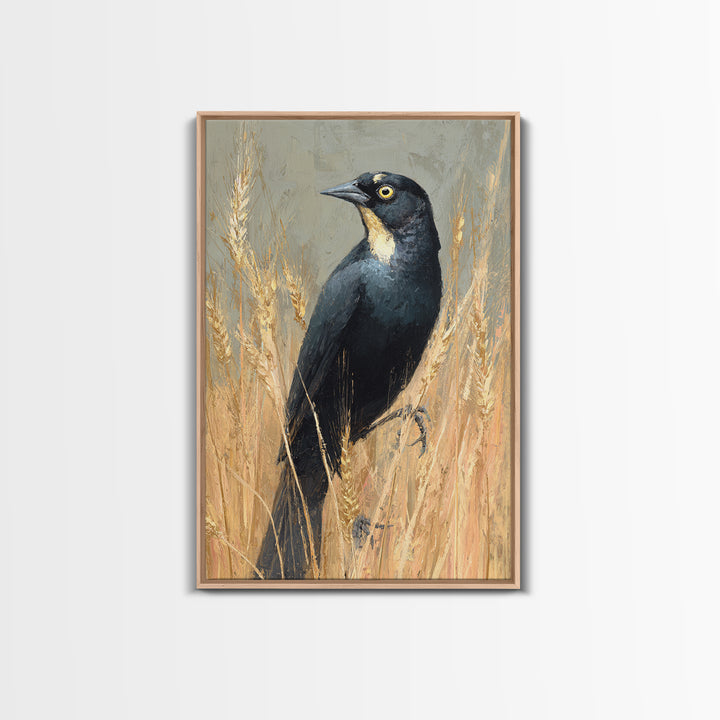 Blackbird on Gold Wheat Field Framed Canvas Print, Bird Art, Neutral Decor, Living Room Decor, Abstract Art, Flight, Wall Art, BIR-2x3-56