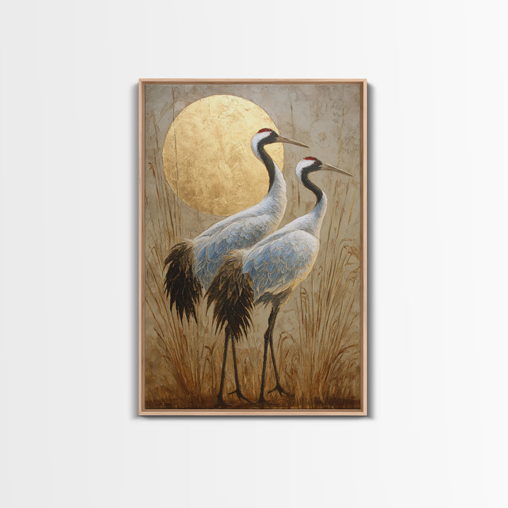Pair of Cranes Dancing Framed Canvas Print, Bird Art, Digital Prints, Living Room Decor, Oil Painting, Flight, Modern Art, BIR-2x3-59