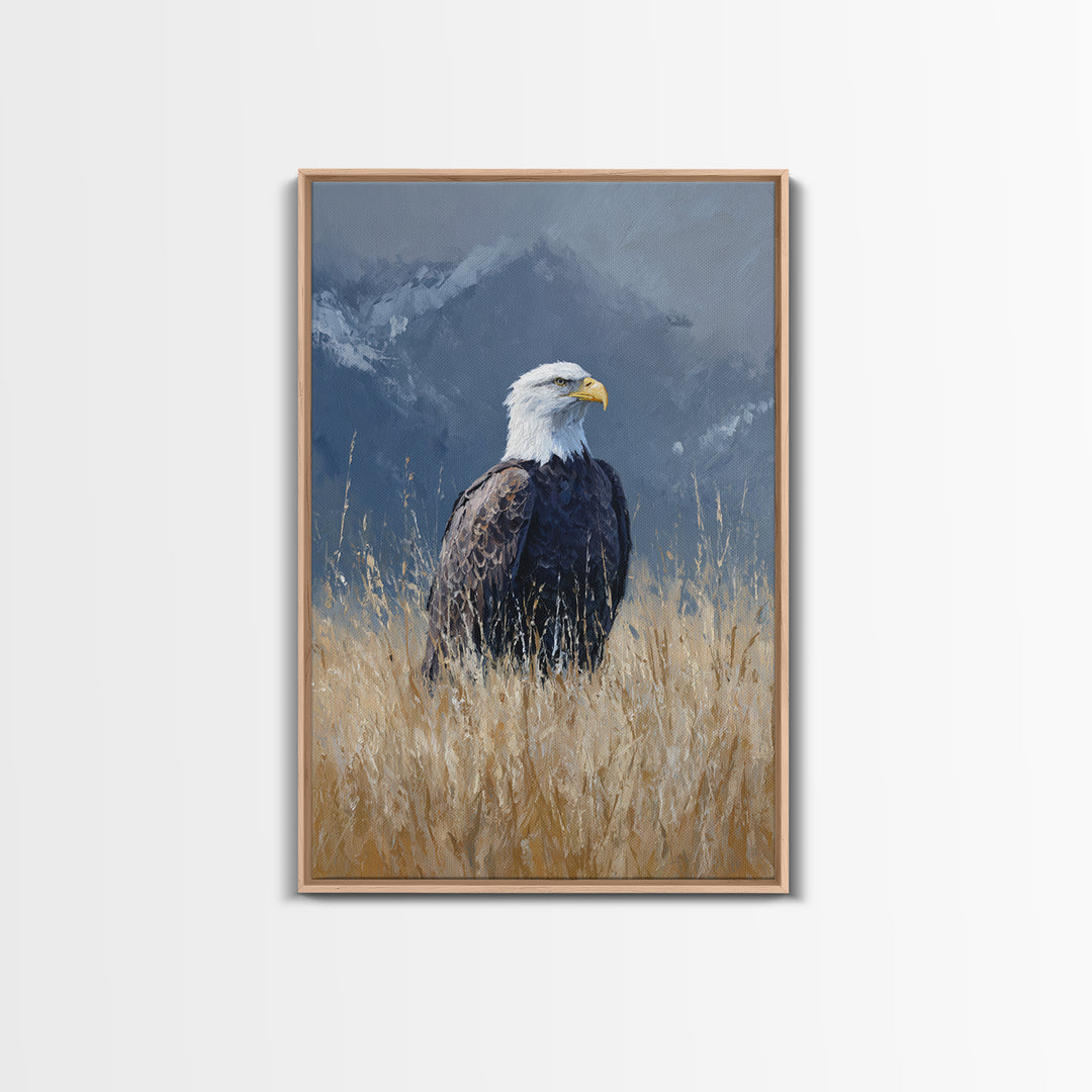 Eagle Portrait with Dramatic Mountain Wind Framed Canvas Print, Bird Art, Digital Print, Living Room Decor, Fine Art, Flight, BIR-2x3-68