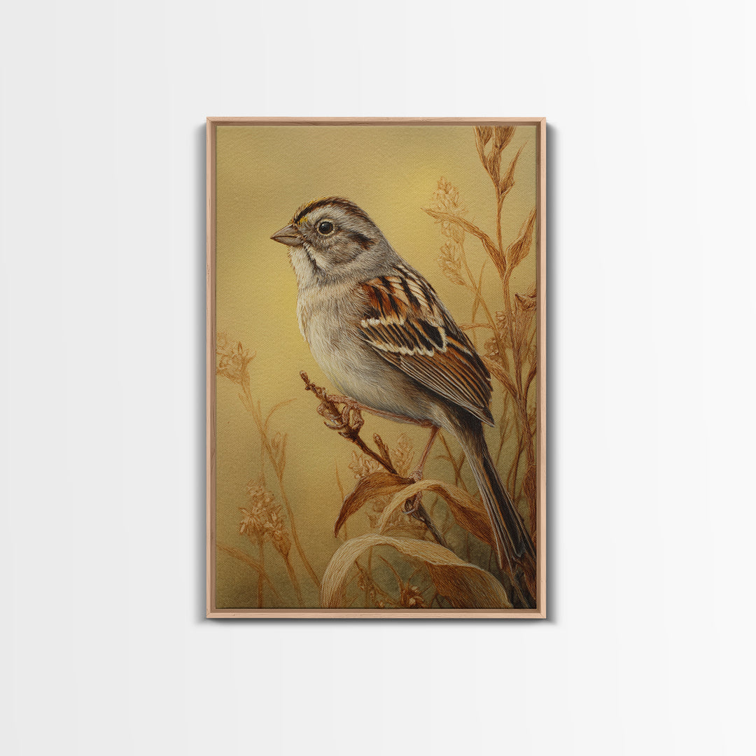 Small Sparrow on Wildflower Stem Canvas Print, Bird Art, Wall Decor, Living Room Decor, Oil Painting, Flight, Boho Wall Decor, BIR-2x3-70