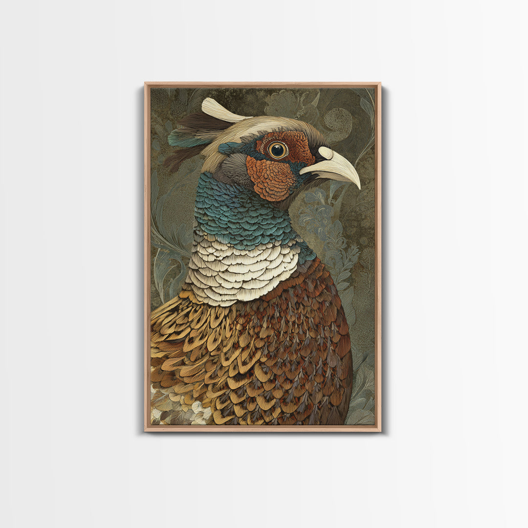 Pheasant with Ornate Feather Details Framed Canvas Print, Bird Art, Original Art, Living Room Decor, Fine Art, Flight, BIR-2x3-75
