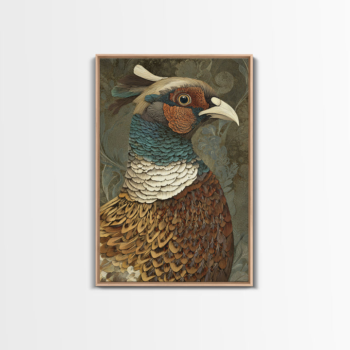 Pheasant with Ornate Feather Details Framed Canvas Print, Bird Art, Original Art, Living Room Decor, Fine Art, Flight, BIR-2x3-75