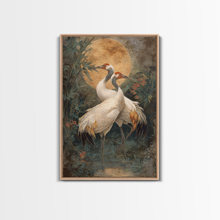 Pair of Cranes Dancing Framed Canvas Print, Bird Art, Boho Wall Decor, Living Room Decor, Abstract Art, Flight, Nature Wall Art, BIR-2x3-83
