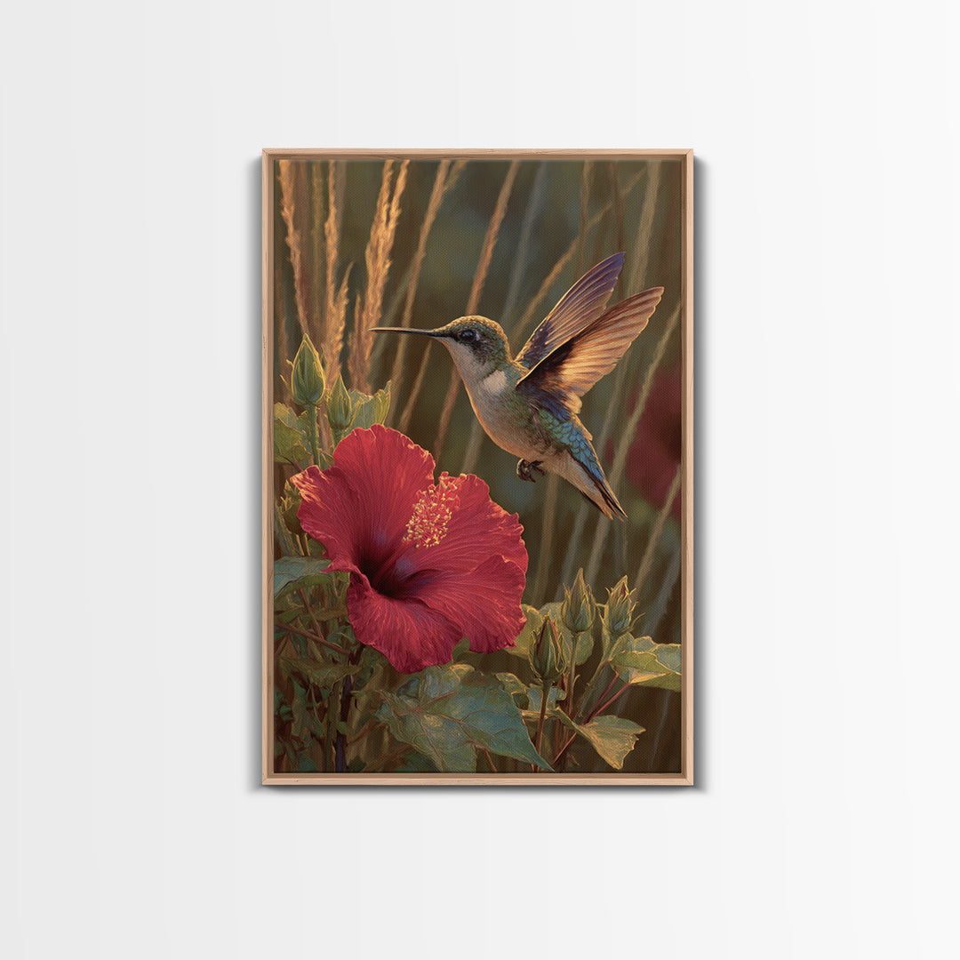 Hummingbird Hovering Beside Bright Hibiscus Framed Canvas Print, Bird Art, Nature Prints, Living Room Decor, Fine Art, Flight, BIR-2x3-84