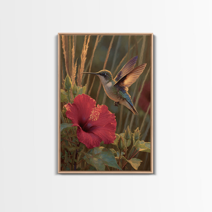 Hummingbird Hovering Beside Bright Hibiscus Framed Canvas Print, Bird Art, Nature Prints, Living Room Decor, Fine Art, Flight, BIR-2x3-84