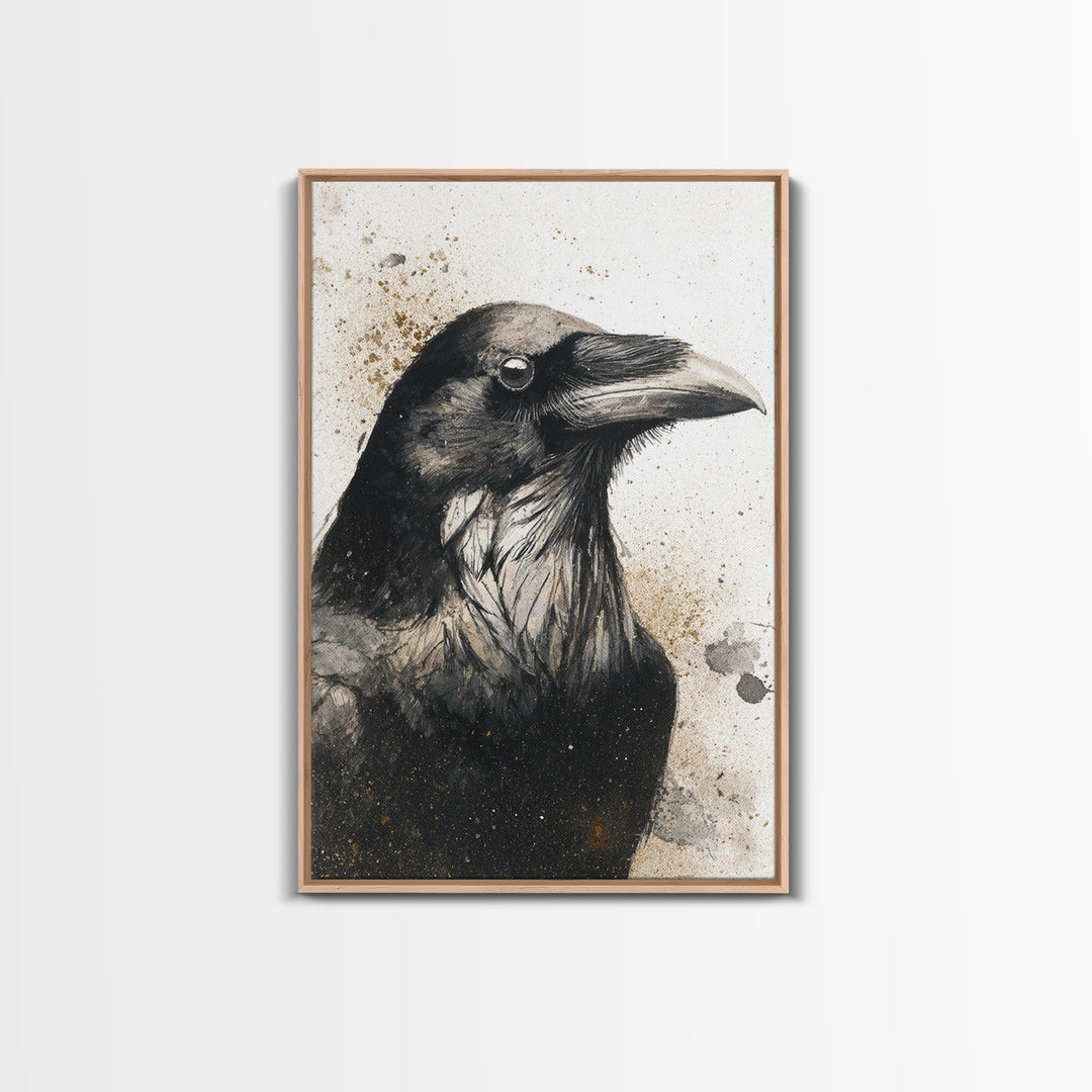 Raven Silhouette with Gothic Atmosphere Framed Canvas Print, Bird Art, Living Room Decor, Watercolor Art, Flight, BIR-2x3-89