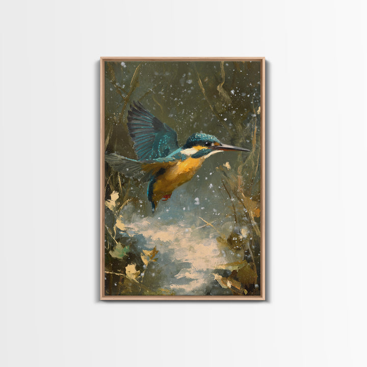 Kingfisher Diving Toward Blue Water Canvas Print, Bird Art, Modern Art, Living Room Decor, Fine Art, Flight, Floral Art, BIR-2x3-91