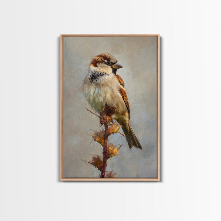 Small Sparrow on Wildflower Stem Framed Canvas Print, Bird Art, Digital Print, Living Room Decor, Watercolor Art, Flight, BIR-2x3-94