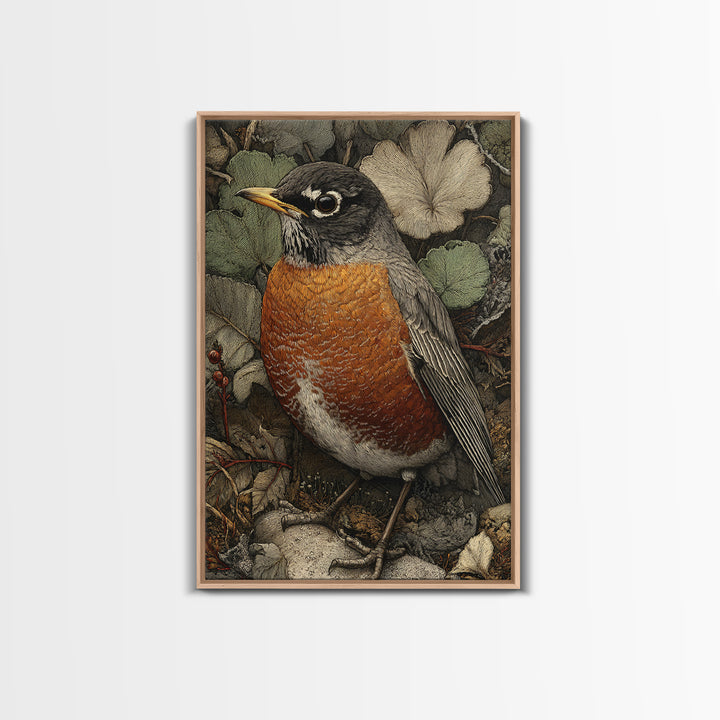 Robin in a Spring Garden with Soft Canvas Print, Bird Art, Botanical Wall Art, Living Room Decor, Watercolor Art, Flight, BIR-2x3-95
