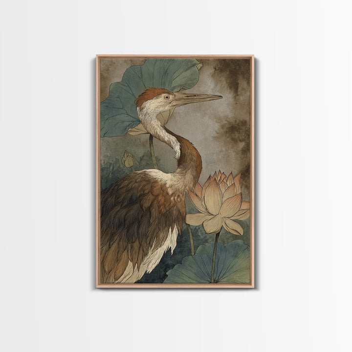 Crane and Lotus Composition Framed Canvas Print, Bird Art, Watercolor Painting, Living Room Decor, Flight, Living Room Art, BIR-2x3-97