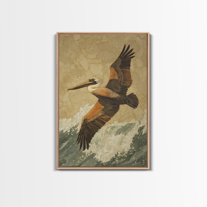 Pelican Flying over Coastal Waves Framed Canvas Print, Bird Art, Digital Prints, Living Room Decor, Watercolor Art, Flight, BIR-2x3-98