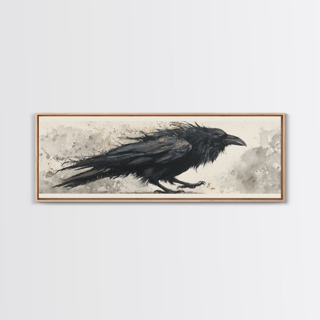Raven Silhouette with Gothic Atmosphere Framed Canvas Print, Bird Art, Modern Wall Art, Living Room Decor, Fine Art, Flight, BIR-3x1-1