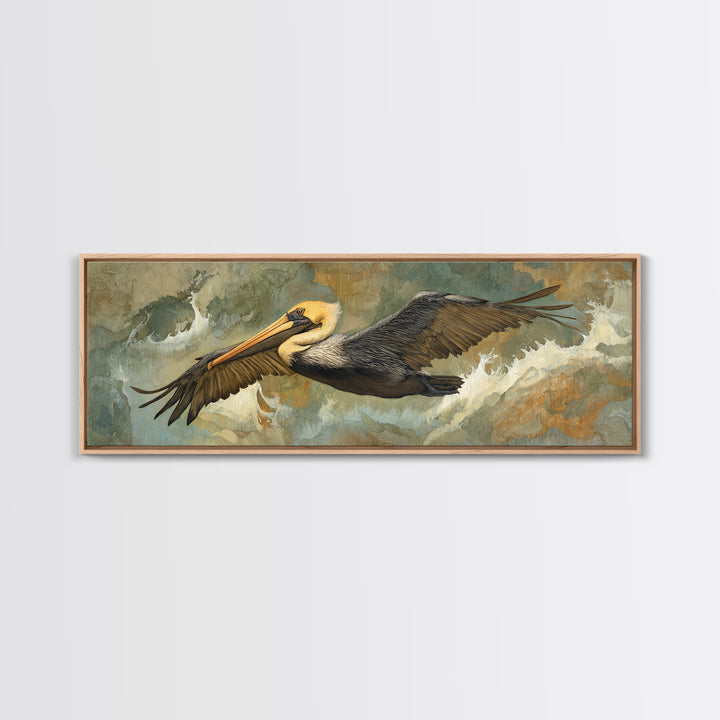 Pelican Flying over Coastal Waves Framed Canvas Print, Bird Art, Home Decor, Living Room Decor, Flight, Modern Wall Art, BIR-3x1-10