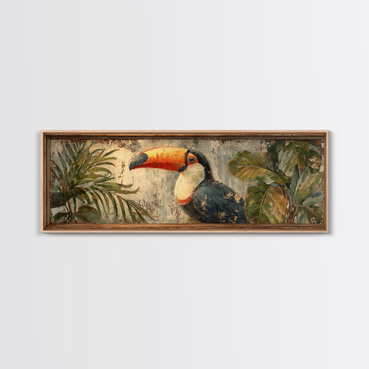 Toucan Framed by Bold Jungle Foliage Framed Canvas Print, Bird Art, Rustic Home Decor, Living Room Decor, Fine Art, Flight, BIR-3x1-15