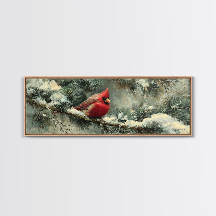 Red Cardinal on Snowy Pine Branch Framed Canvas Print, Bird Art, Botanical Wall Art, Living Room Decor, Watercolor Art, Flight, BIR-3x1-17